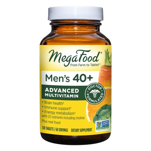 MegaFood Men's 40+ Advanced Multivitamin for Men - Dr-Formulated - Choline, Vitamin B, Vitamin C, Vitamin D, Zinc & Real Food - Brain Health, Immune Support - Vegetarian - 120 Tabs (60 Servings)