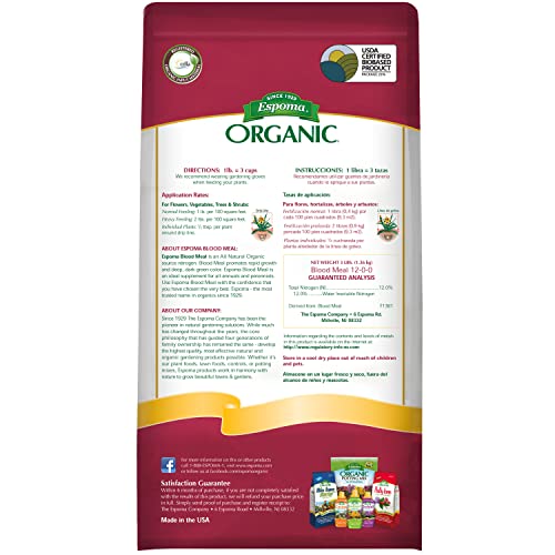 Espoma Organic Blood Meal Fertilizer 12-0-0 . All-Natural Plant Food Source of Nitrogen for Organic Gardening. For Flowers, Vegetables, Trees & Shrubs. 3 lb. Bag. 3 Pack