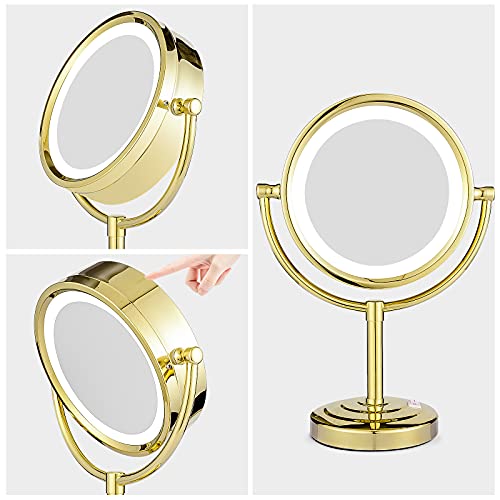 GURUN 8.5 Inch Tabletop LED Lighted Makeup Mirror with 7X Magnification Double Sided Vanity Mirror Plug Power Gold Finish M2208DJ(8.5in,7X)