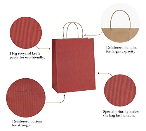 BagDream Gift Bags 8x4.25x10.5 100Pcs Paper Bags Shopping Bags Kraft Bags Retail Bags, Red Stripes Paper Bags with Handles Bulk, Recycled Paper Gift Bags