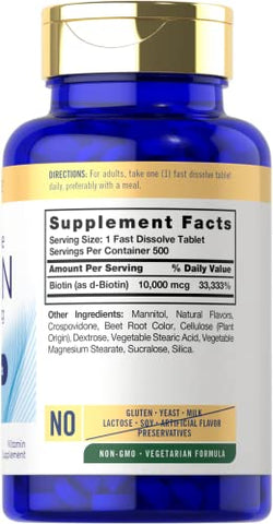 Carlyle Biotin 10000mcg | 500 Fast Dissolve Tablets | Max Strength | Vegetarian, Non-GMO, Gluten Free Supplement