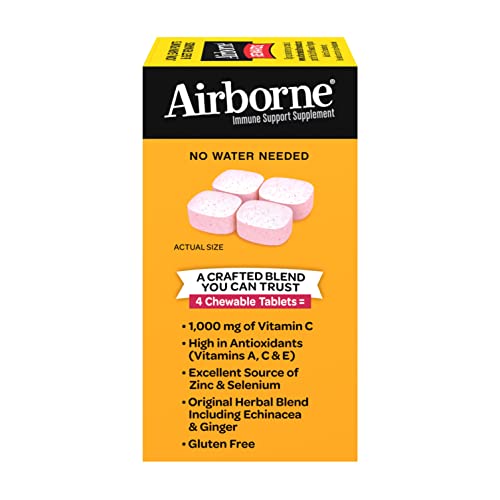 Airborne 1000mg Vitamin C Chewable Tablets with Zinc, Immune Support Supplement with Powerful Antioxidants Vitamins A C & E - 96 Chewable Tablets, Very Berry Flavor