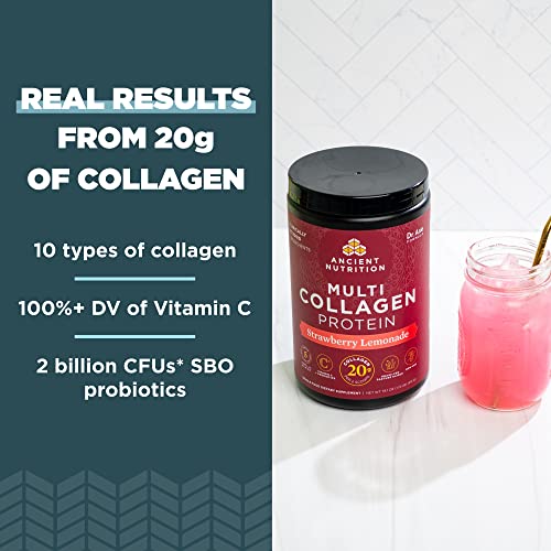 Ancient Nutrition Collagen Powder Protein, Multi Collagen Protein Powder, Strawberry Lemonade, 24 Servings, w/Vitamin C, Hydrolyzed Collagen Peptides for Skin, Nails, Gut Health and Joints, 9.65oz