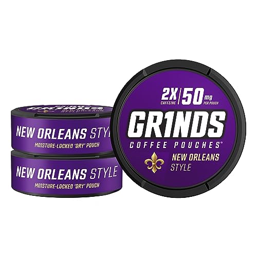 Grinds Coffee Pouches | 3 Cans of New Orleans | Made in the USA | 18 Pouches Per Can | 2x Caffeine 1 Pouch eq. 1/2 Cup of Coffee (New Orleans)