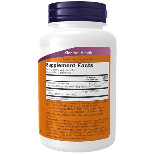 NOW Supplements, Magtein™ with patented form of Magnesium (Mg), Cognitive Support*, 90 Veg Capsules