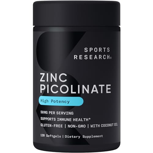 Sports Research Zinc Picolinate 50mg with Organic Coconut Oil - Highly Absorbable Zinc Mineral Supplement for Healthy Immune Function - Non-GMO Verified & Gluten Free (120 Count)