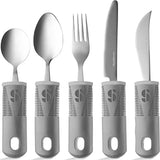 Special Supplies Adaptive Utensils (5-Piece Kitchen Set) Wide, Non-Weighted, Non-Slip Handles for Hand Tremors, Arthritis, Parkinson’s or Elderly Use - Stainless Steel (Grey)