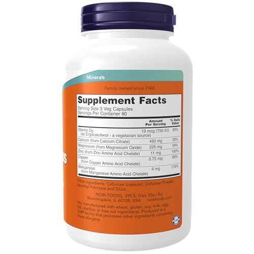 NOW Supplements, Calcium Citrate with Vitamin D, Magnesium, Zinc, Copper, and Manganese, 240 Veg Capsules