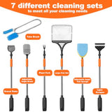 SEAOURA 7-in-1 Aquarium Cleaning Tool, Fish Tank Cleaner with Telescopic Handle,Aquarium Scraper,Adjustable Angle Brush,Gravel Rake,Plant Fork,Adjustable Angle Flat Sponge,Large Fish Net,Hose Brush