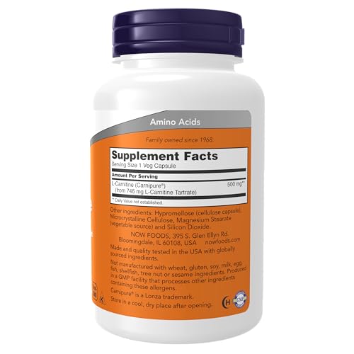 NOW Supplements, L-Carnitine 500mg, Purest Form, Amino Acid, Fitness Support*, 180 Veg Capsules