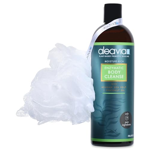 Aleavia Enzymatic Body Cleanse with Loofah Poof – Fragrance-Free Organic & All-Natural Prebiotic, Vegan Body Wash – Sulfate-Free Body Cleanser – 16 Oz.