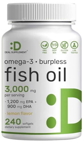 Omega 3 Fish Oil Supplements, 3,000mg Per Serving, 240 Softgels – EPA 1,200mg + DHA 900mg – Burpless Pills, Lemon Flavored, Wild Caught – Brain & Heart Support – Mercury Free, Non-GMO