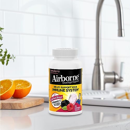 Airborne 1000mg Vitamin C with Zinc, Immune Support Supplement with Powerful Antioxidants Vitamins A C & E - 116 Chewable Tablets, Very Berry Flavor