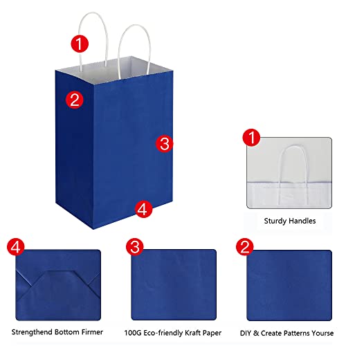 Oikss 100 Pack 5.25x3.25x8.25 inch Small Kraft Bags with Handles Bulk, Paper Bags Birthday Wedding Party Favors Grocery Retail Shopping Business Goody Craft Gift Bags Sacks (Royal Blue 100PCS Count)