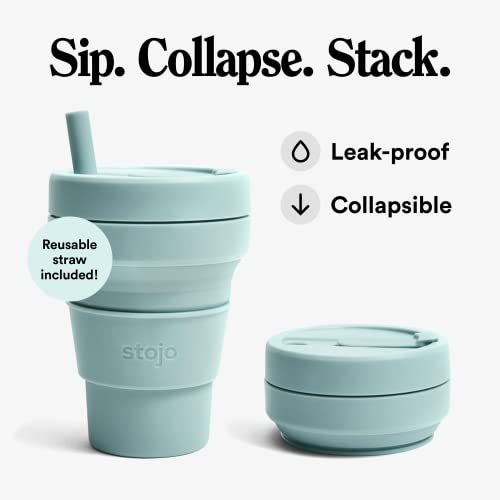 STOJO Collapsible Travel Cup With Straw - Aquamarine, 16oz / 470ml - Reusable To-Go Pocket Size Silicone Cup for Hot and Cold Drinks - Perfect for Camping and Hiking - Microwave & Dishwasher Safe