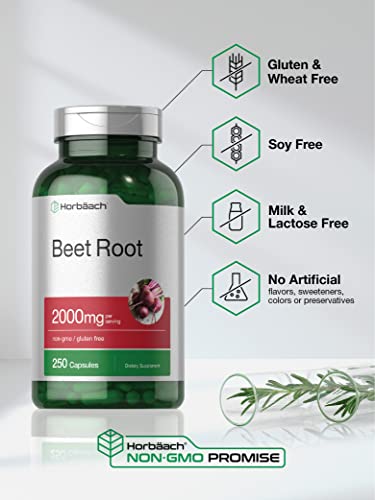 Beet Root Powder Capsules | 250 Pills | Herbal Extract | Non-GMO, Gluten Free, and DNA Tested Supplement | by Horbaach