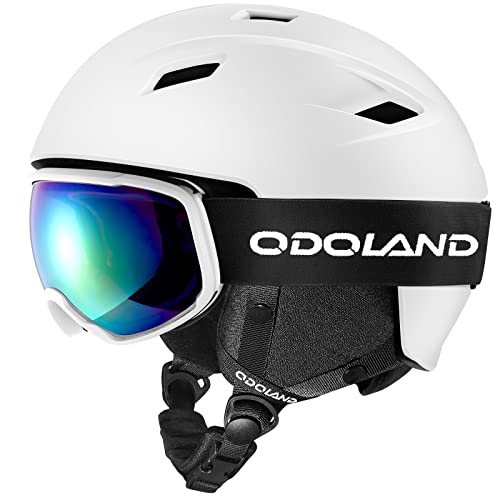 Odoland Ski Helmet and Goggles Set, Snowboard Helmet and Protective Glasses for Men, Women & Youth - Shockproof/Windproof Protective Gear for Skiing, Snowboarding, Snowmobile-White,S