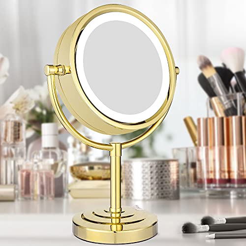 GURUN 8.5 Inch Tabletop LED Lighted Makeup Mirror with 7X Magnification Double Sided Vanity Mirror Plug Power Gold Finish M2208DJ(8.5in,7X)