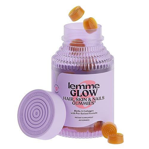 Lemme Glow Hair, Skin & Nails Gummies w/Hydrolyzed Collagen Peptides, Biotin, Trace Mineral Complex, Zinc, Vitamins A, C & E for Healthy Skin, Strong Hair, Pro Retinol Formula, Peach Flavor, 60 Count