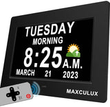 MAXCULUX 【Upgraded】 Digtal Clock with Day and Date for Seniors, Auto DST, 19 Alarms & Auto Dimmable, Non-Abbreviated Extra Large Clock for Elderly Dementia Alzheimers
