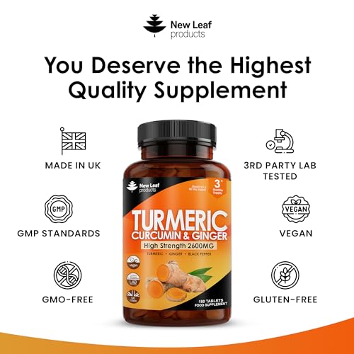 Turmeric Tablets 2600mg with Black Pepper & Ginger - 95% Curcumin Extract 180 and (3 Month) High Strength Active Supplements Not Capsules,by New Leaf