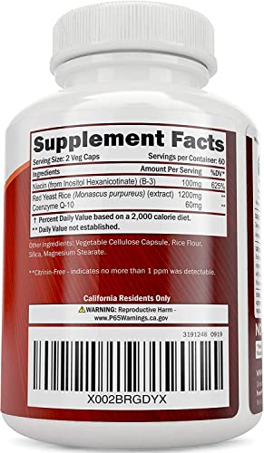 Red Yeast Rice 1200mg with CoQ10 & Flush Free Niacin 120 Vegetarian Capsules - Non Irradiated, Citrinin Free