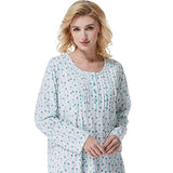 Keyocean Nightgowns for Women with Pockets, All Cotton Soft Lightweight Long Sleeve Ladies Sleepwear for Elderly, Green Floral, X-Large