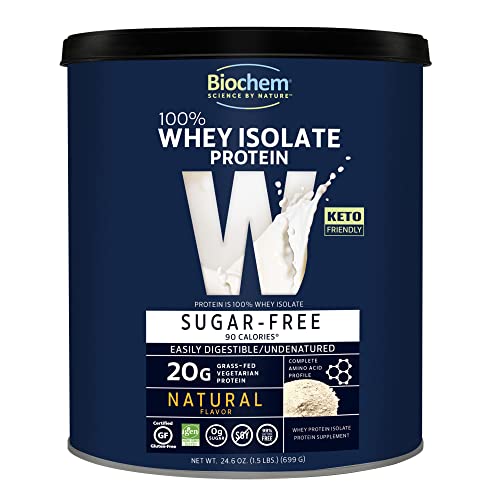 Biochem 100% Whey Sugar-Free Natural 20g, 24.6oz, Certified Vegetarian, Certified Gluten Free, Certified Non-GMO Tested, Keto Friendly, Grass-Fed