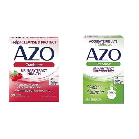 AZO Cranberry Urinary Tract Health Supplement, 1 Serving = 1 Glass of Cranberry Juice, 50 Tablets + Urinary Tract Infection (UTI) Test Strips, Accurate Results in 2 Minutes, Clinically Tested, 3 Count