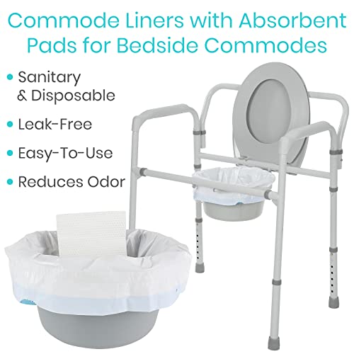 Vive Commode Liners with Absorbent Pads - Portable Toilet Bedside Chair Replacement Bags - Disposable Porta Potty Liners for Bariatric Standard Arm 3 in 1 Folding Buckets - Leakproof (72 Pack)