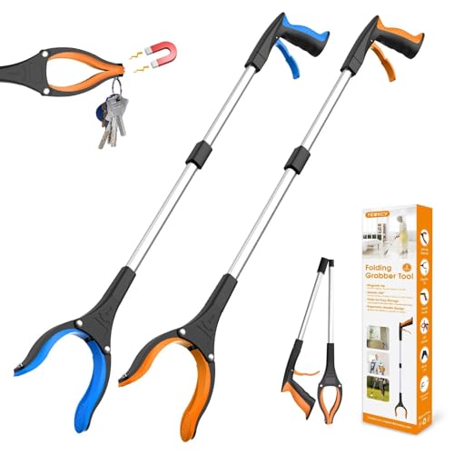 REWKCY 32" Grabber Reacher Tool, 2-Pack Foldable Reacher Grabber Pickup Tool with 360° Rotating Jaw & Magnet, Trash Picker Upper Grabber, Lightweight Grabbers for Seniors Heavy Duty