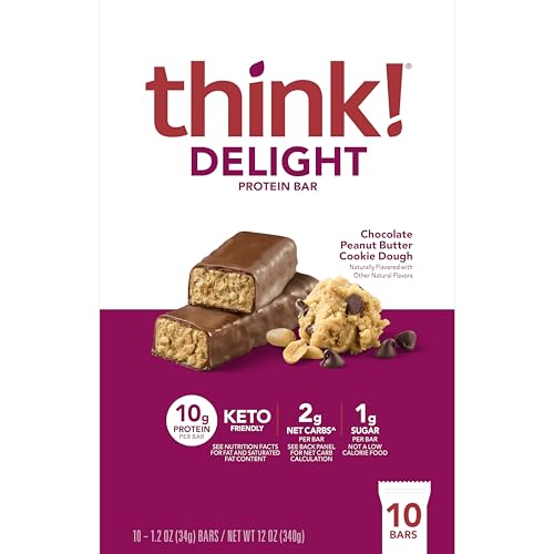 think! Delight, Keto Protein Bars, Healthy Low Carb, Gluten Free Snack - Chocolate Peanut Butter Cookie Dough, 10 Count (Packaging May Vary)