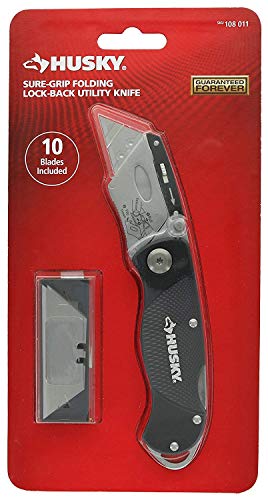 Husky 21113 Folding Sure-Grip Lock Back Utility Knife w/ 10 Disposable Blades Included (Colors Vary)