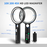 Magnifying Glass with 30 LED Lights, 10X 20X 45X Handheld Illuminated Lighted Magnifier with 1UV Light for Seniors Reading, Inspection, Coins, Jewelry, Exploring Light Magnifying Glass