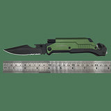 7-in-1 Dispatcher Tactical Knife with Glass Breaker, Seatbelt Cutter,Steel Serrated Blade,Flashlight,Fire Starter,Bottle Opener and Carrying bag, Good for Military Emergency Outdoor Rescue (Green)