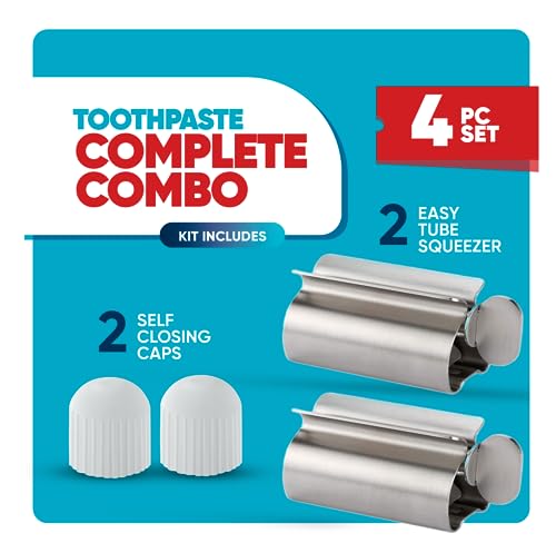 Toothpaste Tube Squeezer - Set of 2 Toothpaste Squeezer Rollers, (Silver + 2 Caps) Metal Toothpaste Tube Wringer Seat Holder Stand, Simple and Practical