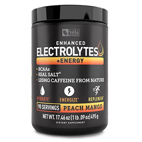 Véla Electrolyte Powder Recovery Drink + Energy (90 Servings | Peach Mango) w Real Salt +BCAAs Sugar Free Electrolyte Supplement w Potassium Zinc & Magnesium for Hydration