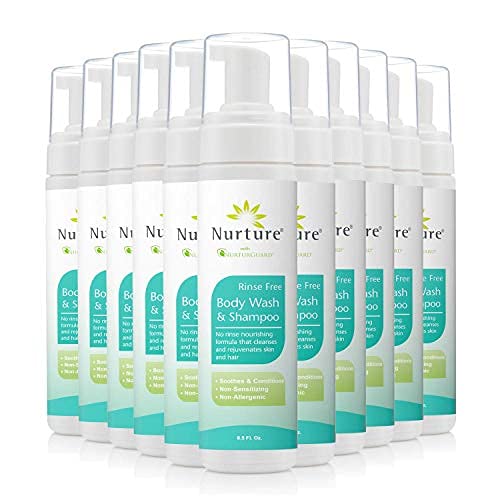 Nurture Rinse Free Body Wash & Shampoo w/Aloe | Hospital Grade Hair & Body Waterless Cleansing Foam | Women, Camping, Elderly & Hospital Patients | Shower Bath Hand Soap for Sensitive Dry Skin