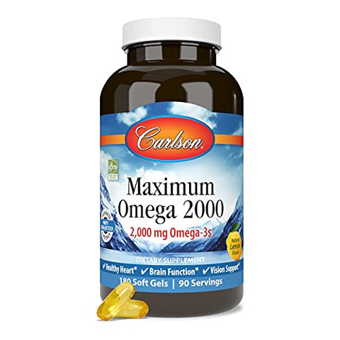 Carlson - Maximum Omega 2000, 2000 mg Omega-3 Fatty Acids Including EPA and DHA, Wild-Caught, Norwegian Fish Oil Supplement, Sustainably Sourced Fish Oil Capsules, Lemon, 180 Softgels