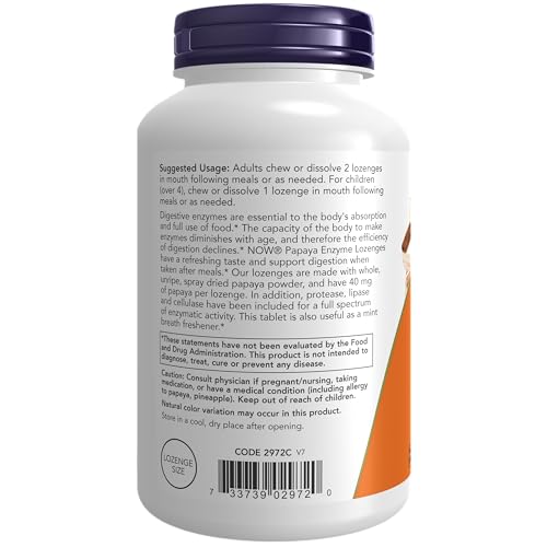 NOW Supplements, Papaya Enzyme with Mint and Chlorophyll, Digestive Support*, 360 Chewable Lozenges