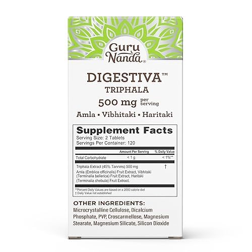 GuruNanda Digestiva Triphala - Dietary Supplement with Amla, Haritaki & Bibhitaki to Promote Nutrient Absorption, Support Digestion & Help with Bloating & Constipation - 240 Vegan Tablets