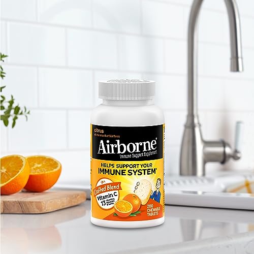 Airborne 1000mg Chewable Tablets with Zinc, Immune Support Supplement with Powerful Antioxidants Vitamins A C & E - 200 Tablets, Citrus Flavor