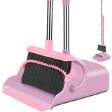 kelamayi Broom and Dustpan Set for Home, Office, Indoor&Outdoor Sweeping, Stand Up Broom and Dustpan (Pink)