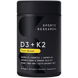 Sports Research Vitamin D3 + K2 with 5000iu of Plant-Based D3 & 100mcg of Vitamin K2 as MK-7 Non-GMO Verified & Vegan Certified,Softgel (30ct)