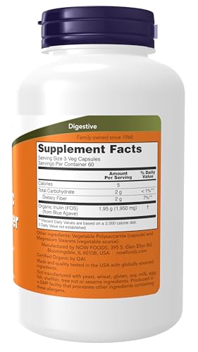 NOW Supplements, Prebiotic Inulin Fiber, Intestinal Support*, Nourishes Friendly Bacteria*, Made with Organic Inulin, 180 Veg Capsules