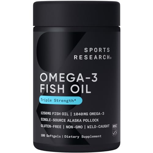 Sports Research Triple Strength Omega 3 Fish Oil - Burpless Fish Oil Supplement w/EPA & DHA Fatty Acids from Single-Source Wild Alaskan Pollock - 1250 mg, 180 ct