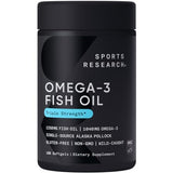 Sports Research Triple Strength Omega 3 Fish Oil - Burpless Fish Oil Supplement w/EPA & DHA Fatty Acids from Single-Source Wild Alaskan Pollock - 1250 mg, 180 ct