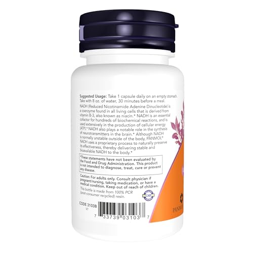 NOW Supplements, NADH (Reduced Nicotinamide Adenine Dinucleotide) 10 mg with 200 mg D-Ribose, 60 Veg Capsules