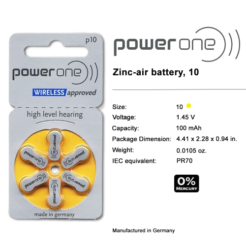 Power One Zinc Air Hearing Aid Batteries, (Yellow), P10, 240 Count