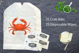 Crab Bib & Wet Wipe Bundle- 25 Disposable Bibs and 25 Moist Towelettes for Crawfish Boil, Seafood Fest, or Home Dinner Party White/Red